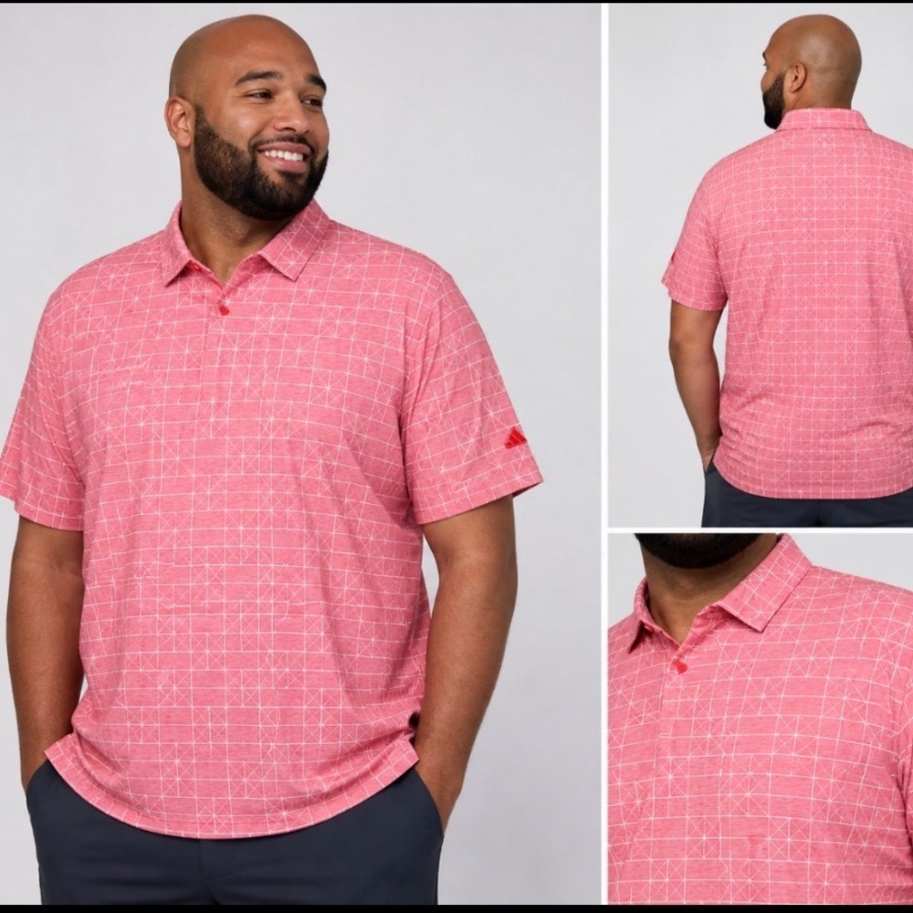Adidas Golf Polo Shirt Men L Red/Pink‎ Geometric Grid Performance Short Sleeve